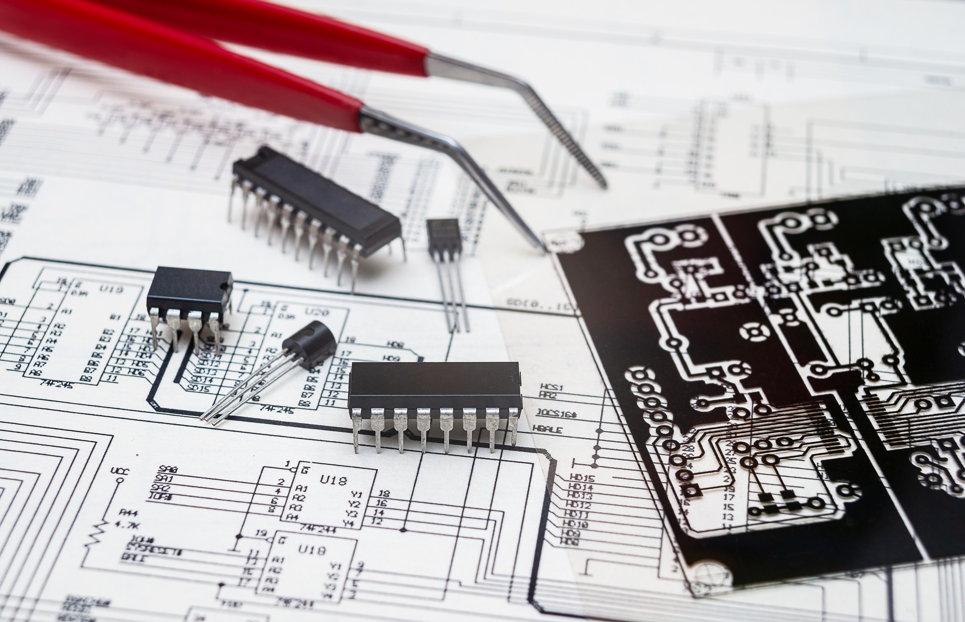 Electronic components and tools on engineering blueprint